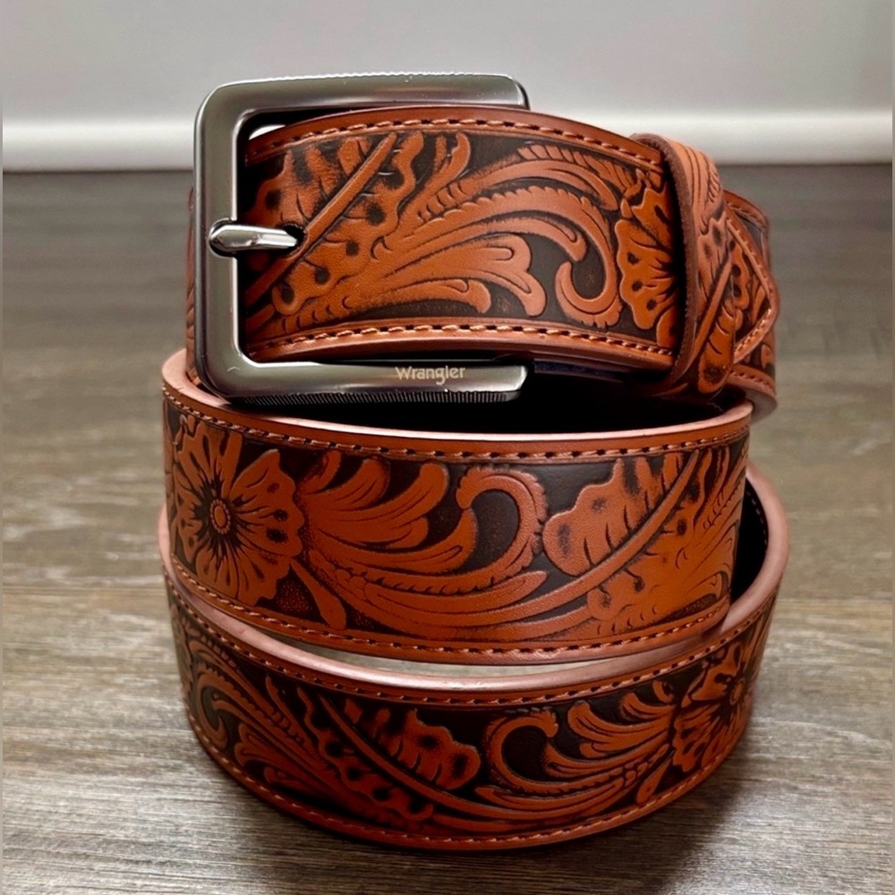 Wrangler Manmade Genuine Leather floral tooled,cognac,polished silvertone buckle